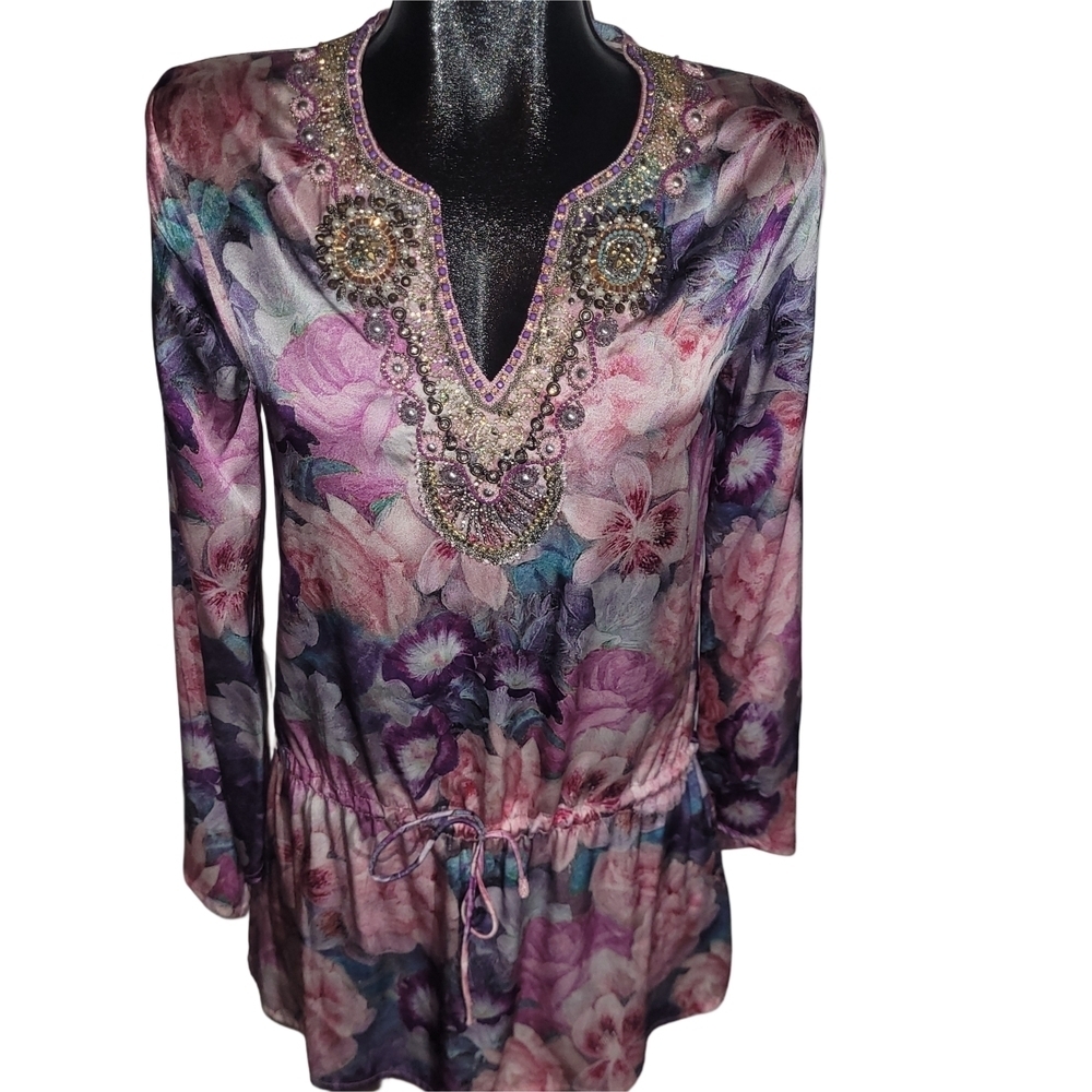 Tristan Floral Silk Bead Embellished Long Sleeve Tunic Top Size S